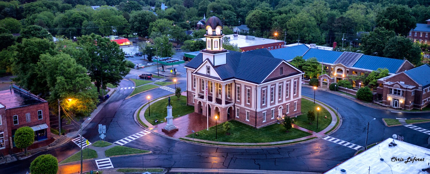 Home Aerial view of Pittsboro Circle and the Chatham County Courthouse