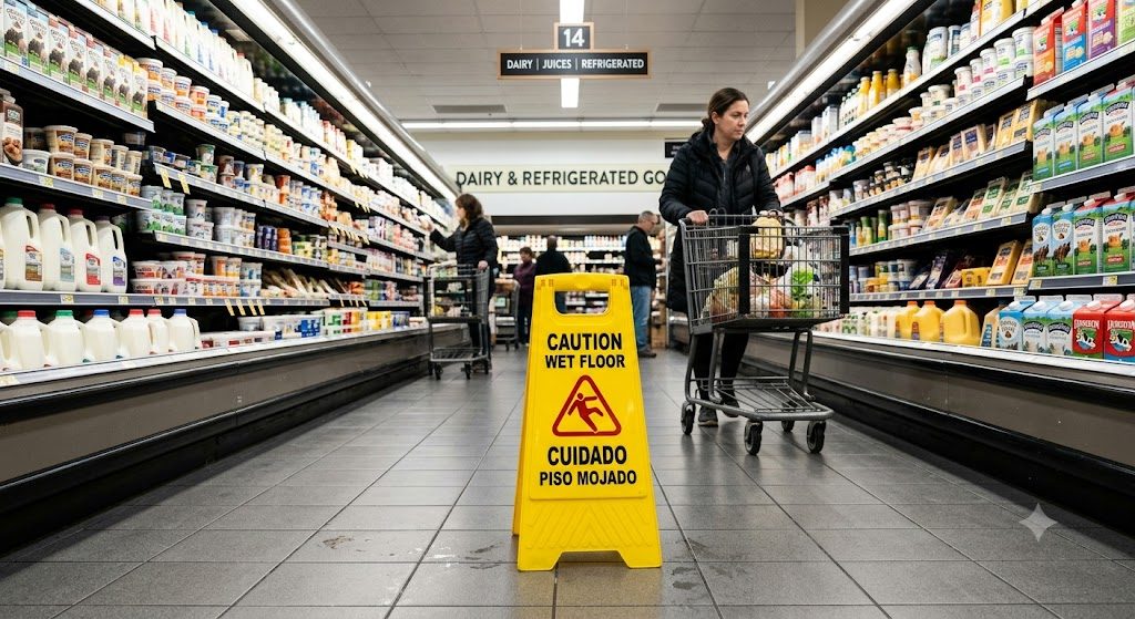 Wet floor caution sign in a store aisle — slip and fall attorney